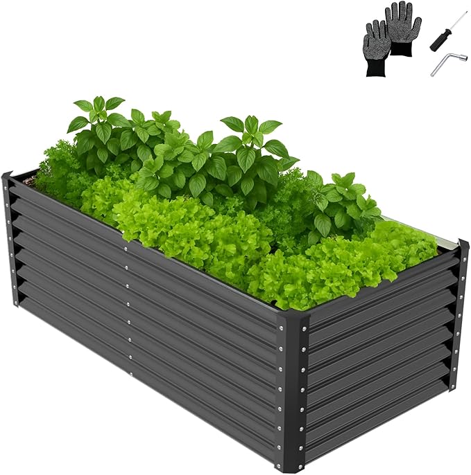 VINGLI Galvanized Raised Garden Beds Outdoor, 6x3x2 Ft, 8x4x2 Ft Lager Metal Planter Raised Beds for Planting Vegetables Flowers Herb (6 * 3 * 2(Square))
