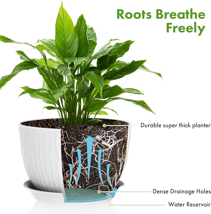 Plant Pots 12/10/9 Inch Pots, Set of 3 Plastic Planters with Drainage Holes and Saucers,Plastic Flower Pots,Nursery Planting Pot for Indoor Out Door Plants(White)