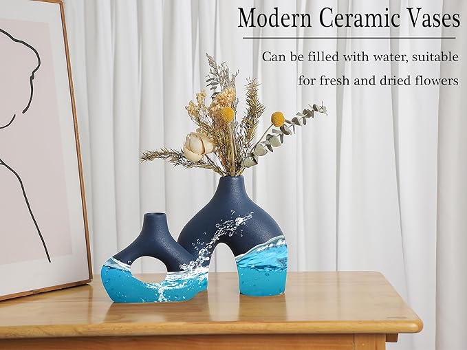 CEMABT Blue Ceramic Vase Set of 2 for Modern Minimalist Bohemian Decor,Round Matte Donut Vases for Pampas Grass-Perfect for Living Room, Dining Table, Office Bedroom Shelf Decor Entryway, Console