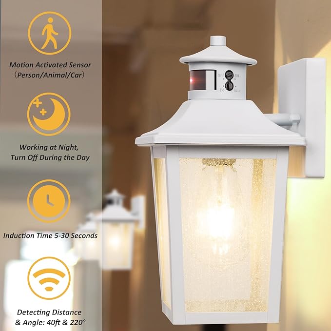 White Motion Sensor Outdoor Wall Light - Dusk to Dawn Outdoor Wall Lighting, Waterproof Exterior Light Fixture, Modern Porch Light Outside Wall Mount for House Patio Garage, Anti-Rust