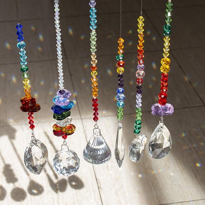 H&D HYALINE & DORA Colorful Crystals Glass Pendants Chandelier Suncatchers Prisms Hanging Ornament Octogon Chakra Crystal Pendants for Home,Office,Garden Decoration,Pack of 6
