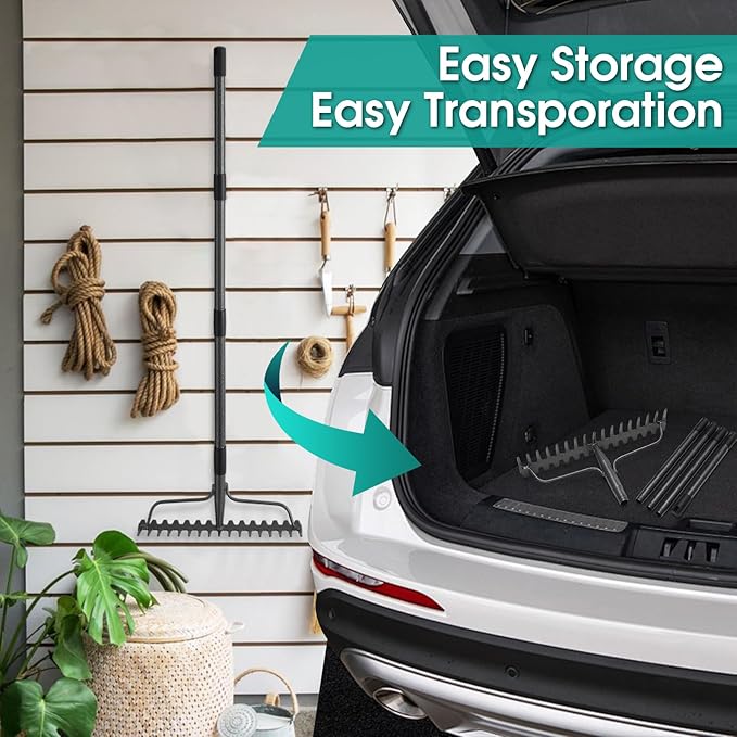 Garden Rake: 49" Metal Garden Leaf Rake with 17 Tines, Heavy Duty Bow Rakes for Lawn Yard Leaves Debris Mulch Gravel Thatch Clean,Lawn Care Gardening Landscaping