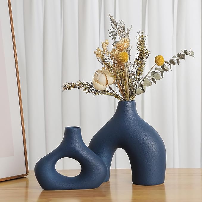 CEMABT Blue Ceramic Vase Set of 2 for Modern Minimalist Bohemian Decor,Round Matte Donut Vases for Pampas Grass-Perfect for Living Room, Dining Table, Office Bedroom Shelf Decor Entryway, Console