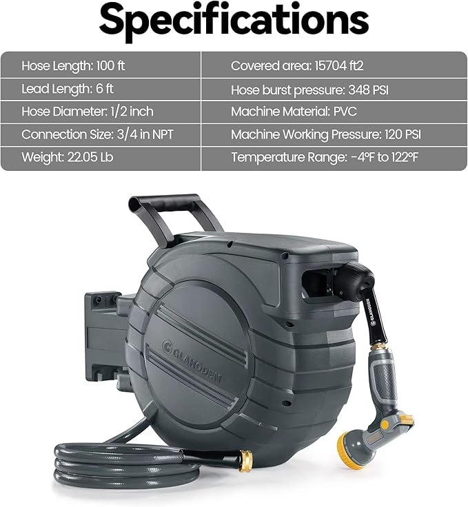 Retractable Garden Hose Reel 5/8 in x 90 ft, 2025 Upgraded Dual Ratchet Lock UV & Freeze Protection Brass Seal Slow Retraction Anti-Tangle Hose 180°Swivel Reinforced Scaffold Wall Mount