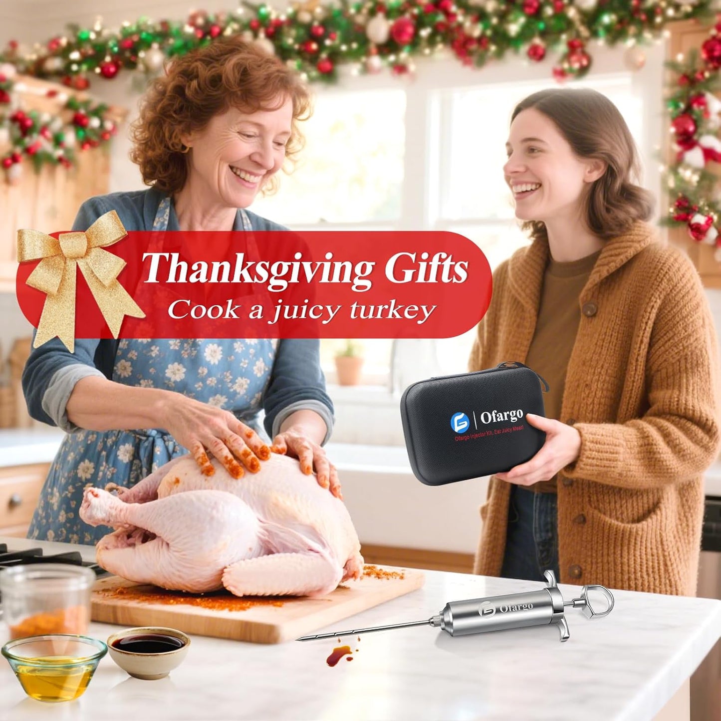 Stainless Steel Meat Injector Syringe with 4 Marinade Needles and Travel Case for BBQ Grill Smoker, gifts for men dad husband in Thanksgiving Christmas day