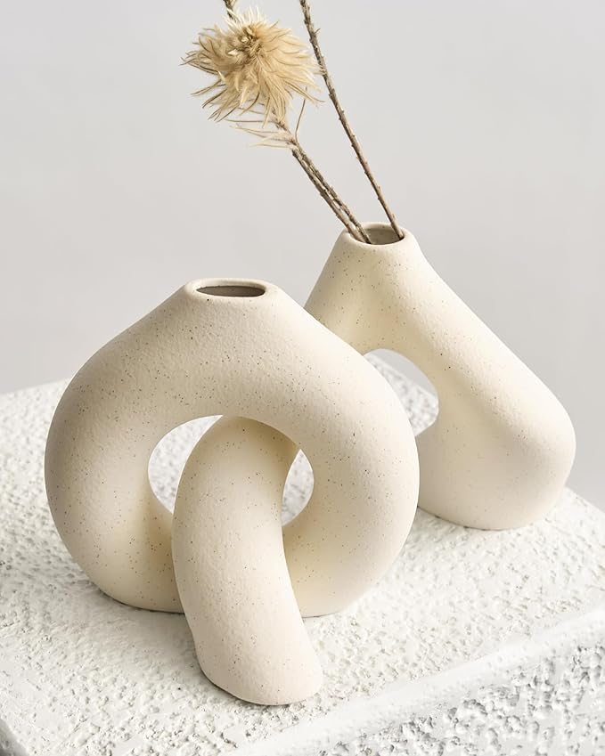 NOBULA White Ceramic Donut Vases โ Modern Home Decor for Living Room, Bedroom & Table Centerpiece - Minimalist Nordic โ Unique Vases for Olive Plant & Flowers โ Decorative Coffee Table Vase Set of 2