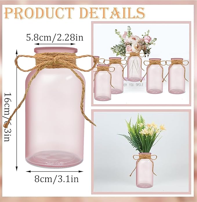 Vintage Glass Flower Vase,6 Pack Pink Farmhouse Glass Centerpiece Vases Mason Jars for Weddings, Parties & Home Decor Bulk (6, Pink)