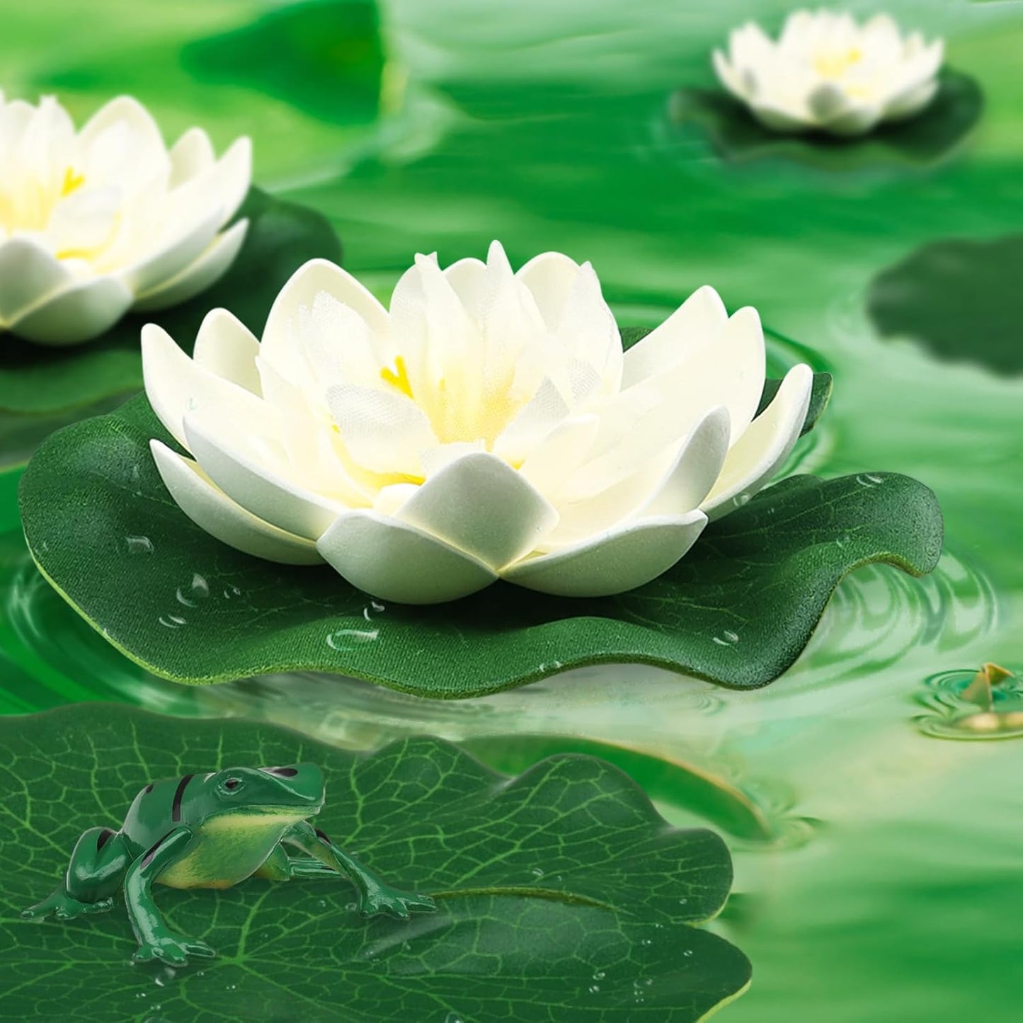 10pcs Artificial Floating Foam Lotus Flowers with Artificial Frog Lotus Leaves, Lily Pads for Lake, Pond Plants Ornaments for Pool Aquarium Water Decoration, White