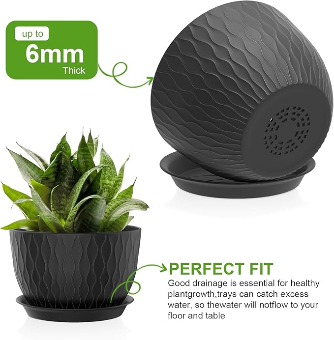 Plant Pots 12/10/9 Inch Pots, Set of 3 Plastic Planters with Drainage Holes and Saucers,Plastic Flower Pots,Nursery Planting Pot for Indoor Out Door Plants(Black)
