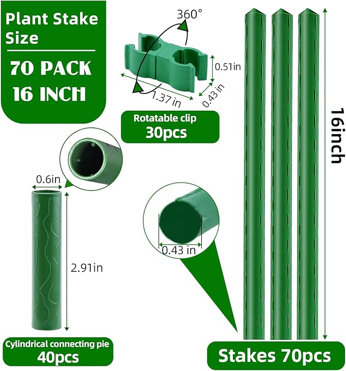 Garden Stakes 16 Inch 70 Pack, Diy 4ft 5ft 6ft 7ft 8ft Tomato Stakes Plastic Coated Metal Plant Sticks Stakes Supports with 40 Connectors 30 Rotatable Clips for Indoor Outdoor Plants Vegetable