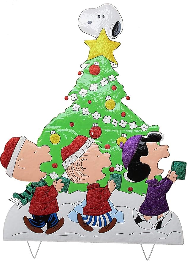 Peanuts Gang Around The Tree Christmas Yard Art Outdoor Christmas Decor Hammered Metal (42'' Peanuts Gang Caroling Around The Tree) Multicolor
