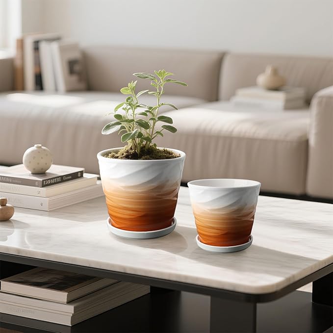 6.7 + 5.5 Inch Plant Pot, Ceramic Planter with Drainage and Saucer,Ceramic Pots for Plants, Indoor Plant pots,planters for Indoor Plants(Khaki + White)