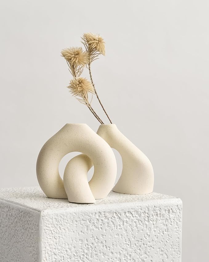 NOBULA White Ceramic Donut Vases โ Modern Home Decor for Living Room, Bedroom & Table Centerpiece - Minimalist Nordic โ Unique Vases for Olive Plant & Flowers โ Decorative Coffee Table Vase Set of 2
