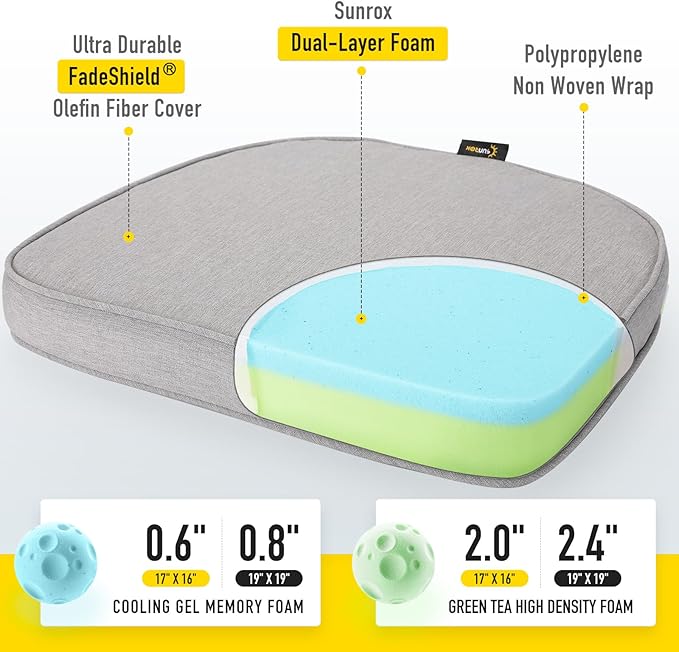 SUNROX Gel Memory Foam Chair Cushions, FadeShield Water-, Stain-Resistant Durable Reversible Seat Cushion Pads with Ties for Indoor/Outdoor Kitchen Dining Office, 19"x19", Set of 4, Heather Grey
