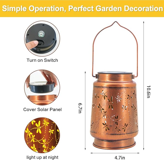 Mothers Day Gifts, 4 Packs Solar Lanterns Outdoor Hanging Lantern Lights, 4 Dragonfly Hollowed-Out Metal Decor Lantern, Waterproof LED Decorative Garden Light Gifts