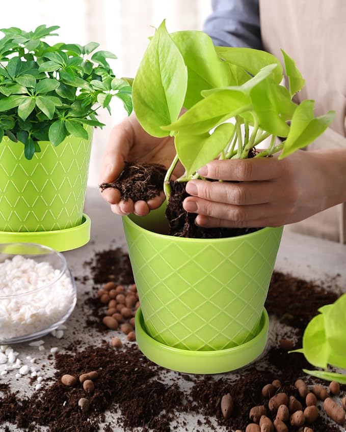 EFISPSS 5 Inch Ceramic Plant Pots Indoor, Planters with Drainage Holes and Ceramic Tray, Relief Design Flower Planter,Desktop Office Windowsill Decoration Gift Set of 4 - Green