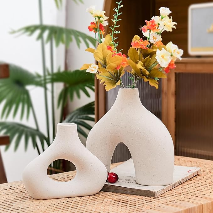 CEMABT Beige Ceramic Vase Set of 2 for Modern Minimalist Bohemian Decor,Round Matte Donut Vases for Pampas Grass-Perfect for Living Room, Dining Table, Office Bedroom Shelf Decor Entryway, Console…