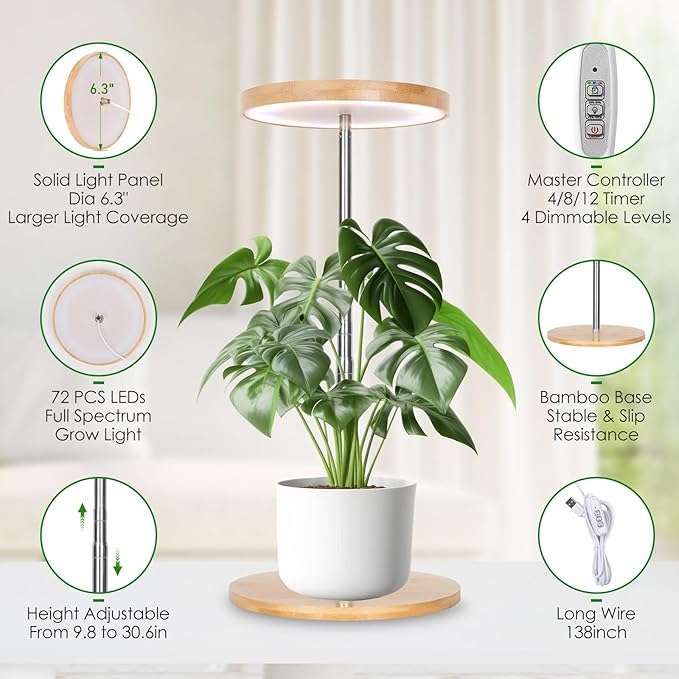 LORDEM Bamboo Grow Light, LED Plant Light for Indoor Plants Growing, Full Spectrum Bamboo Desk Growth Lamp with Automatic Timer for 4H/8H/12H, 4 Dimmable Levels, Height Adjustable