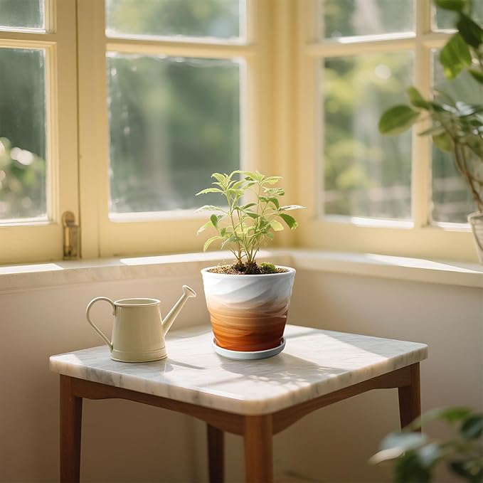 6.7 + 5.5 Inch Plant Pot, Ceramic Planter with Drainage and Saucer,Ceramic Pots for Plants, Indoor Plant pots,planters for Indoor Plants(Khaki + White)