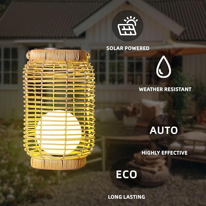 Solar Lantern Outdoor Waterproof,Large Natura Rattan Solar Lantern Hanging with Handle, Solar Powered Decorative Table Lamp for Gardens ,Patio,Yard,Porch,Trees,Lawn,Pathway Home Decoration,12Inch