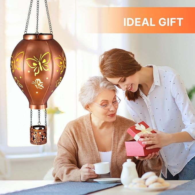 Hot Air Balloon Solar Lights Butterfly Hollowed Metal Hanging LED Solar Lanterns Outdoor Waterproof Light for Garden Patio Yard Porch Christmas Decor Gifts for Women Mom Friends