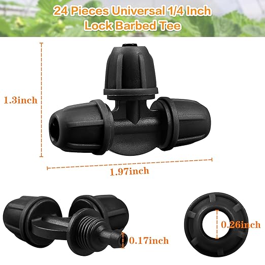 Upgraded 1/4" Drip Irrigation Tee Fittings:24 Pieces Leak Free Lock Barbed 3 Way Tee Connectors for 1/4 Inch Irrigation Tubing Quick Connect Parts for Garden Landscape System