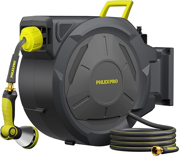 Retractable Garden Hose Reel 105FT, 1/2 inch Wall Mounted Hose Reel with Full Brass Fittings, 10 Patterns Spray Nozzle, Any Length Lock, 180ยฐ Automatic Rewind