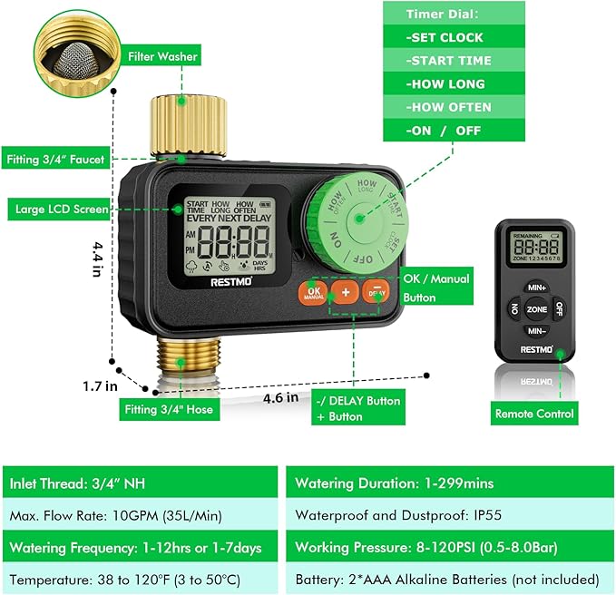 RESTMO RF Remote Controlled Sprinkler Timer with Brass Inlet & Outlet, Programmable Water Timer for Garden Hose, Automatic | Manual | Rain Delay for Outdoor Faucet, Drip Irrigation and Lawn Watering