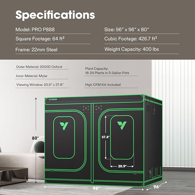 VIVOSUN P888 96"×96"×80" PRO Grow Tent, with Thick 1 inch Poles, Strengthened High Reflective Mylar Oxford Fabric, Extra Hanging Bars & High CFM Kit for Hydroponics Indoor Plant for VS4000×4