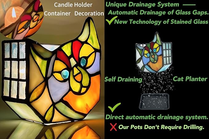 Tiffany Style Cute Cat Face Design Small Flower Pot, Unique Stained Glass Cat Planter, Tiltable Cat Decorative Flower Pot, Fun Peek-A-Boo Terrarium Decoration, Gift for Plant Women