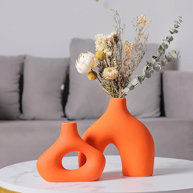 CEMABT Orange Ceramic Vase Set of 2 for Modern Minimalist Bohemian Decor,Round Matte Donut Vases for Pampas Grass-Perfect for Living Room, Dining Table, Office Bedroom Shelf Decor Entryway, Console