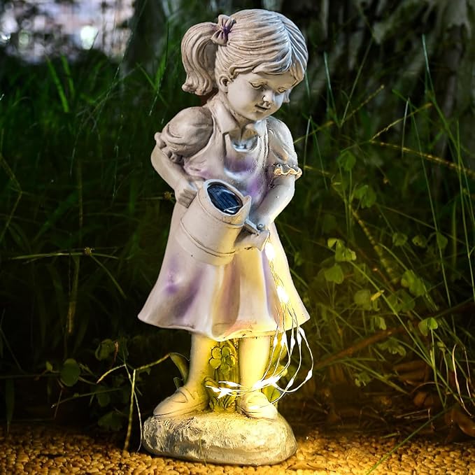 Solar Garden Decor Girl Statue Lawn Ornaments with Solar Watering Can for Outside Yard Porch Patio Balcony Decor Outdoor Gardening Gifts for Women Moms