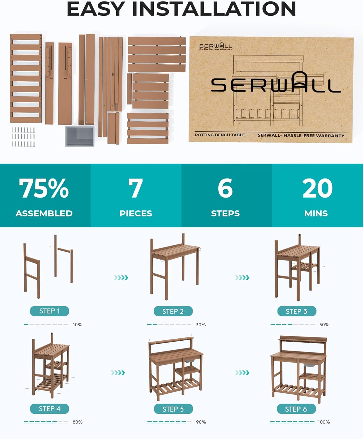 SERWALL Potting Bench Outdoor Potting Table with Sink, HDPE Potting Benches for Outside Gardening Table All Weather Use- Brown