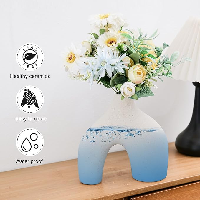 CEMABT Beige Ceramic Vase Set of 2 for Modern Minimalist Bohemian Decor,Round Matte Donut Vases for Pampas Grass-Perfect for Living Room, Dining Table, Office Bedroom Shelf Decor Entryway, Console…
