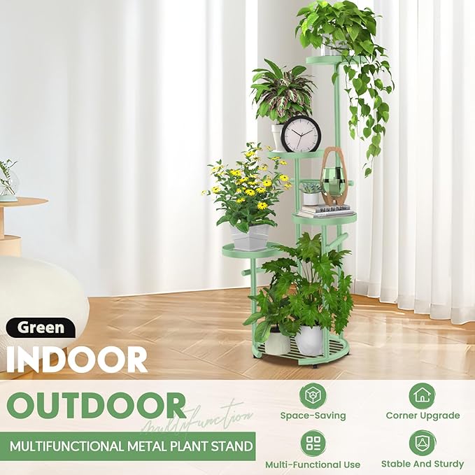 TOSKING 5 Tier Metal Plant Stand Indoor, Plant Shelf, Corner Shelf Flower Pot Stand for Outdoor Plant Stand for Living Room Balcony Garden Patio Bedroom (Green, 42inches)