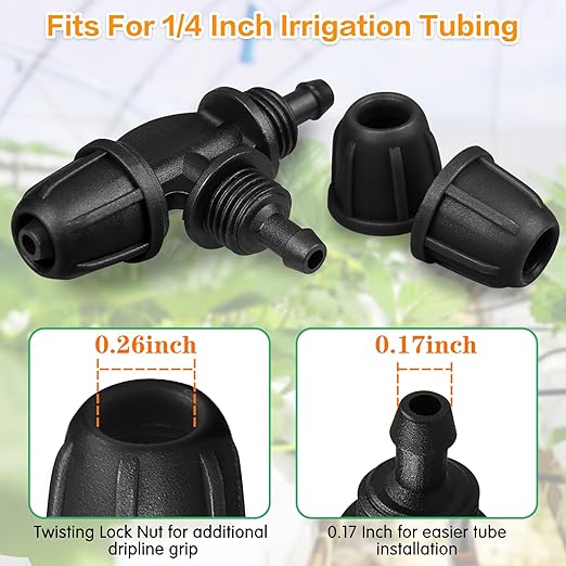 Upgraded 1/4" Drip Irrigation Fittings:60 Pieces Set-15 Couplings 15 Tees 5 Crosses 10 Elbows 10 End Plugs 5 Micro Dripper, Leak Free Barbed Locked Connectors for 1/4 Inch Irrigation Tubing
