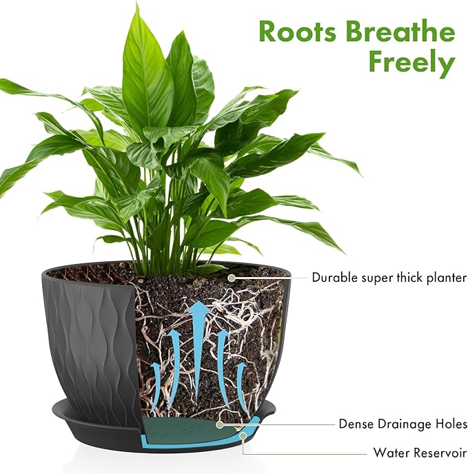 Plant Pots 12/10/9 Inch Pots, Set of 3 Plastic Planters with Drainage Holes and Saucers,Plastic Flower Pots,Nursery Planting Pot for Indoor Out Door Plants(Black)