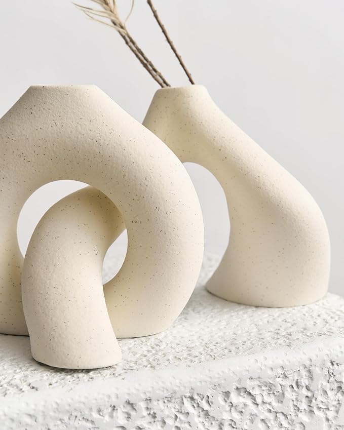 NOBULA White Ceramic Donut Vases โ Modern Home Decor for Living Room, Bedroom & Table Centerpiece - Minimalist Nordic โ Unique Vases for Olive Plant & Flowers โ Decorative Coffee Table Vase Set of 2