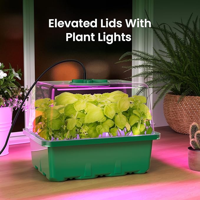 MIXC 6-Pack Seed Starter Tray Kit with Plant Light Seedling Trays with Adjustable Humidity Domes & Clear Cell Trays 12 Full Spectrum LED Beads for Indoor Plant Growth (Green)