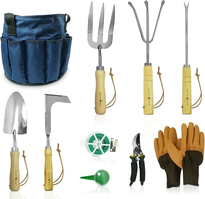 Garden Tools Set β Premium Stainless Steel Gardening Hand Tools with Solid Beechwood Handle β Gardening Kit with Rake, Shovel, Gloves, Shears, Tool Organizer β Garden Gifts for Women and Men