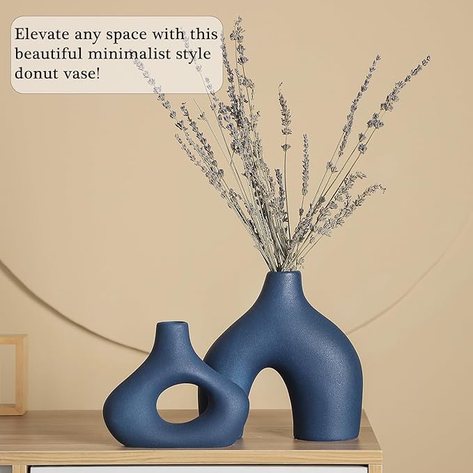 CEMABT Blue Ceramic Vase Set of 2 for Modern Minimalist Bohemian Decor,Round Matte Donut Vases for Pampas Grass-Perfect for Living Room, Dining Table, Office Bedroom Shelf Decor Entryway, Console