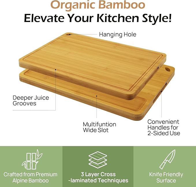 Cutting Board For Kitchen Natural Bamboo With Smooth Finish & Deep Juice Groove โ L (15x10) โ Great For Slicing, Serving