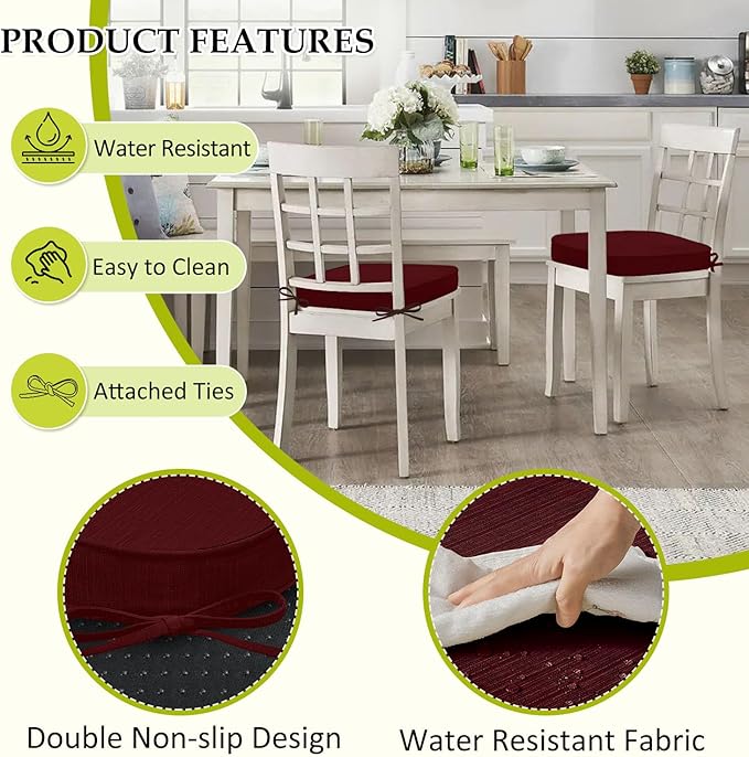 Chair Cushions for Dining Chairs, Indoor Chair Cushions with Ties,Waterproof Chair Pads Set of 6, Burgundy, 17x16x2.5 Inch