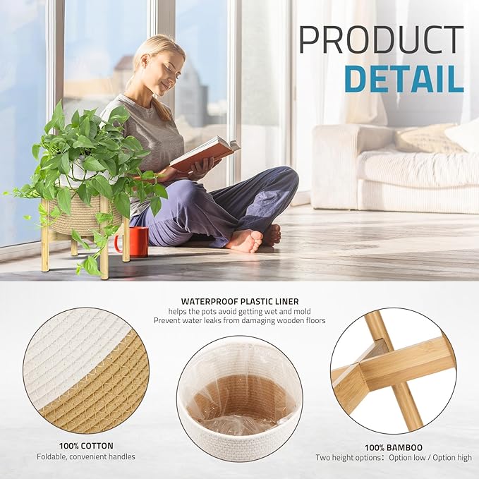 PAULINN Plant Basket with Stand 2 Packs, 11" x 11" & 9" x 9" Woven Plant Basket with Bamboo Stand, for Indoor Plants, Fits 10" x 10" & 8" x 8" Plant Pots