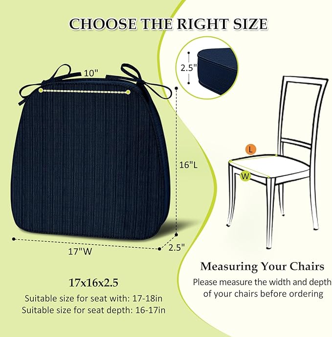Chair Cushions for Dining Chairs, Indoor Chair Cushions with Ties,Waterproof Chair Pads Set of 6, Navy Blue, 17x16x2.5 Inch