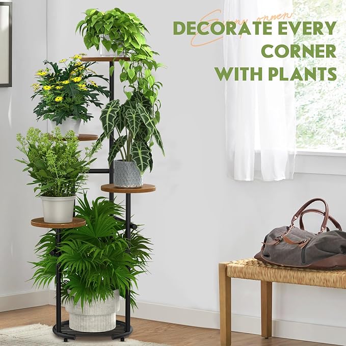 TOSKING 5 Tier Metal Plant Stand Indoor, Plant Shelf, Corner Shelf Flower Pot Stand for Outdoor Plant Stand for Living Room Balcony Garden Patio Bedroom (Black and Brown, 42in)