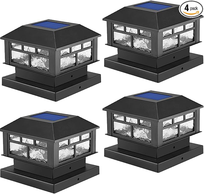 Solar Post Lights Outdoor, 20LM Fence Post Cap Lights,Waterproof, 2 Light Modes, Fit 3.5x3.5in 4x4in 5x5in Wooden Post, Solar Power Deck Lights for Garden Deck Patio Decoration(Black 4Pack)