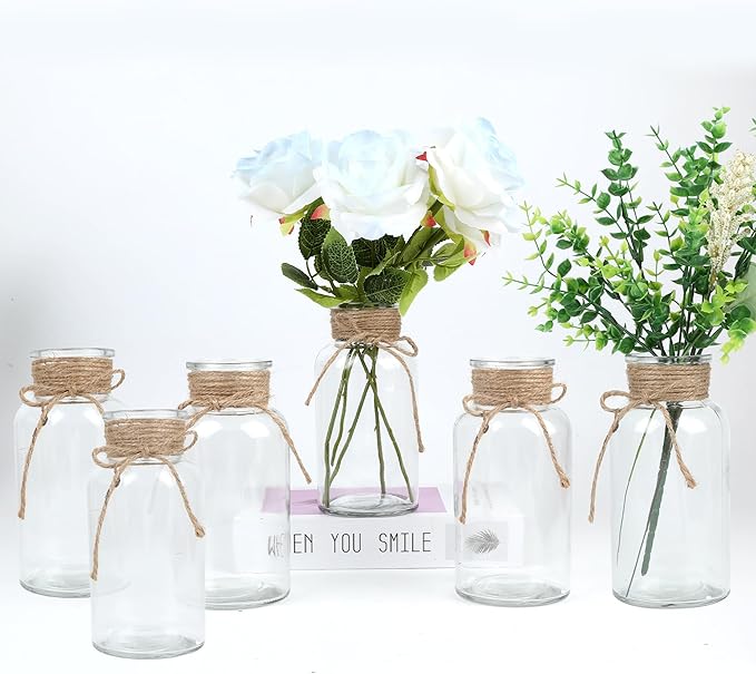 Vintage Glass Flower Vase,6 Pack FarmhouseTransparent White Glass Centerpiece Vases Mason Jars for Weddings, Parties & Home Decor Bulk (6, Transparent)