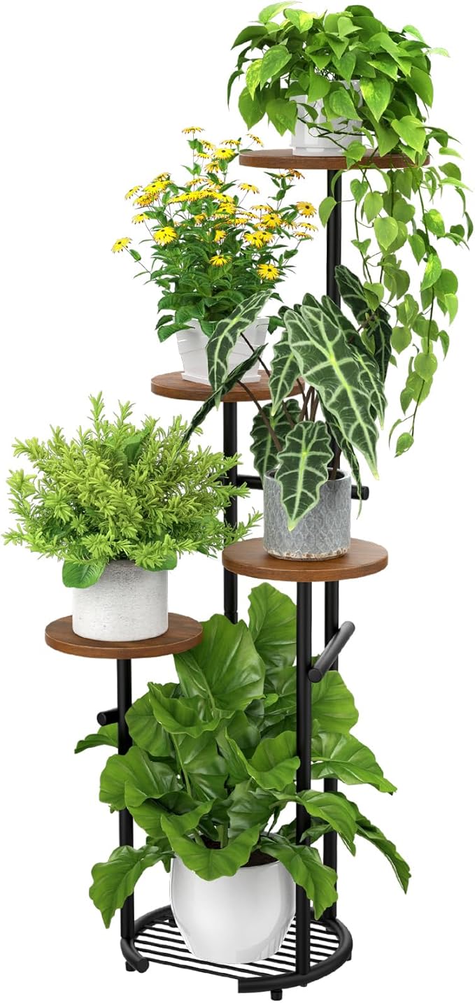 TOSKING 5 Tier Metal Plant Stand Indoor, Plant Shelf, Corner Shelf Flower Pot Stand for Outdoor Plant Stand for Living Room Balcony Garden Patio Bedroom (Black and Brown, 42in)