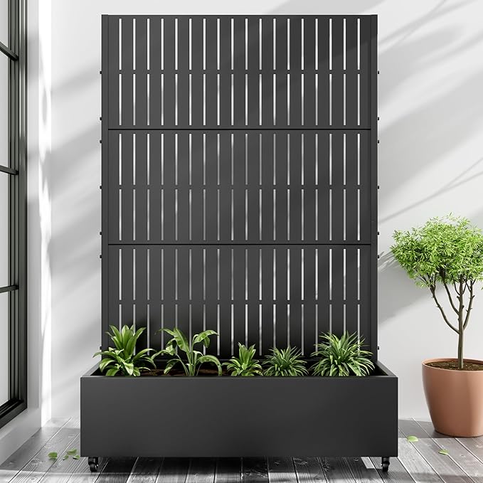 Casaphoria Metal Raised Garden Bed with Trellis and Wheels, 72"x47"x16" Planter Box for Climbing Plants, Vegetables & Vines, Features Drainage Holes and Privacy Screen (Black)